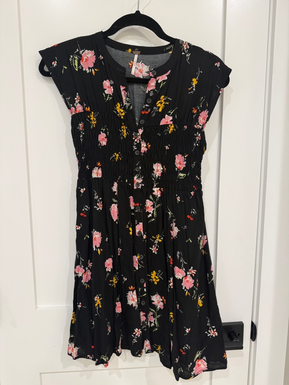 Free People Black Mini Dress with Pink and Yellow Floral Print